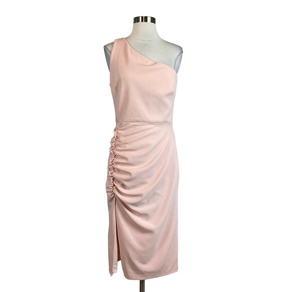 Betsy & Adam Women's Cocktail Dress Size 8 Pink One Shoulder Cut Out Midi Sheath - Picture 1 of 13